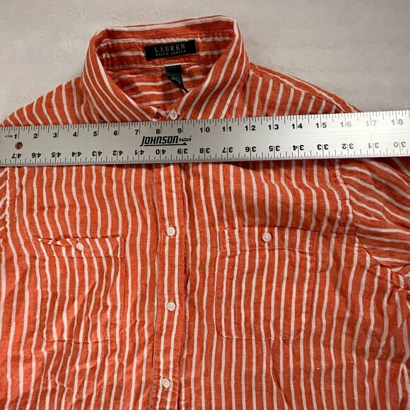 Lauren Ralph Lauren Womens Orange & White Striped Linen Button-Up Shirt Large - Picture 4 of 6